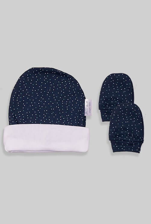 כפפות וכובע לתינוק - בסיס כחול נקודות (0-3 חודשים)