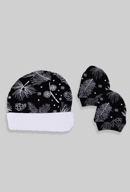 כפפות וכובע - בסיס שחור פרחים