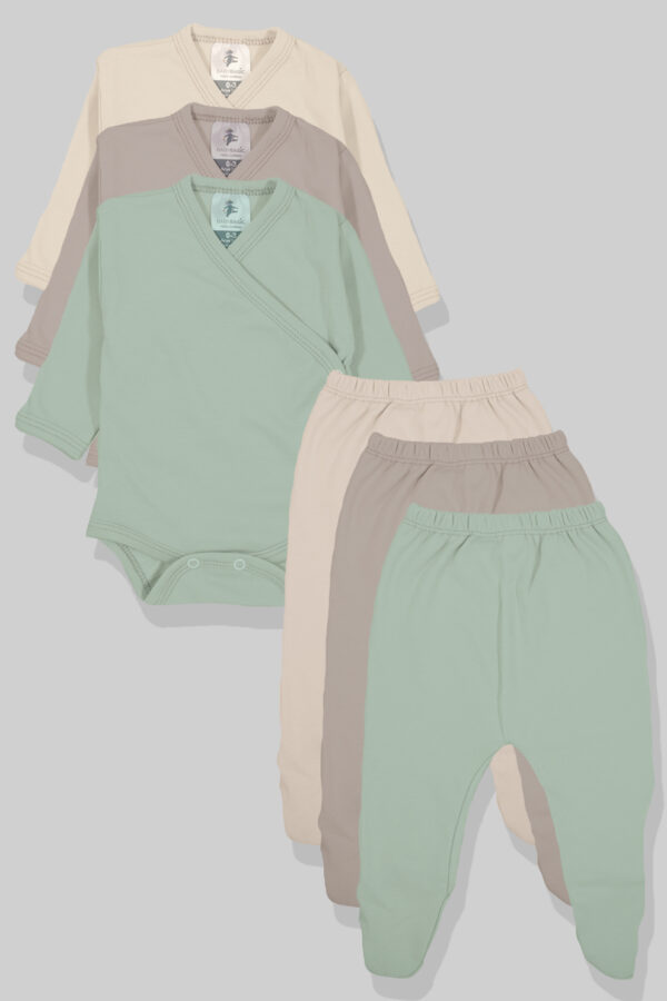 שלושה סטים - בגדי גוף מעטפת ורגלית טריקו - שמנת ירוק אפור (0-3 חודשים)