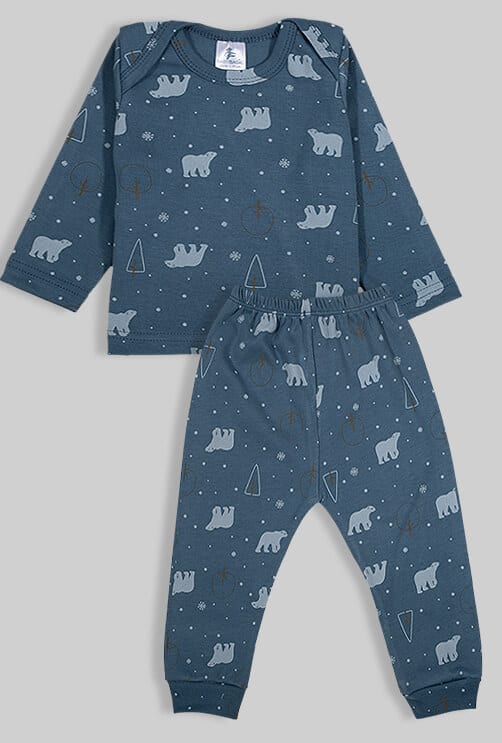 חליפת שינה שרוול ארוך פלנל - דובים - כחול (3-6 חודשים)