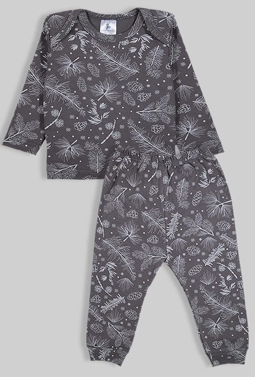 חליפת שינה שרוול ארוך פלנל - פרחים - אפור (3 חודשים - 2.5 שנים)