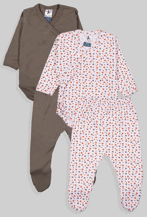 שני סטים בגדי גוף ורגליות לתינוק מעטפת טריקו - חלק נקודות - אפור (0-3 חודשים)