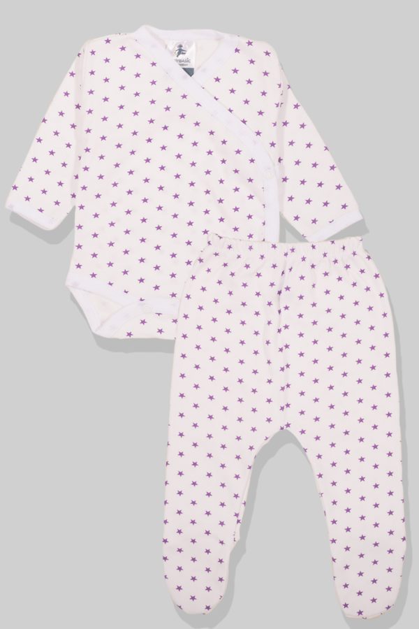סט בגד גוף מעטפת ורגלית פלנל - כוכבים סגולים (0-3 חודשים)