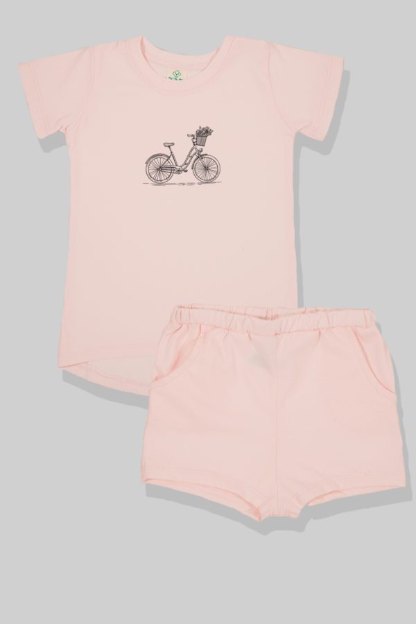 חליפת גן - סט חולצה ומכנס - אופניים - ורוד בהיר (2-5 שנים)